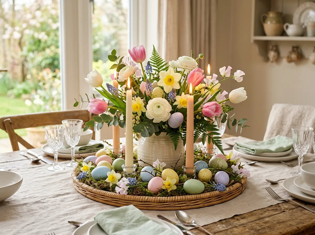 Easter centerpiece with candles, flowers, and eggs